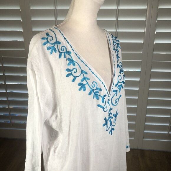 Just Bee White Beach Top Swim Cover L 100% Cotton Gauze 3/4 Sleeve Turquoise - Picture 9 of 12